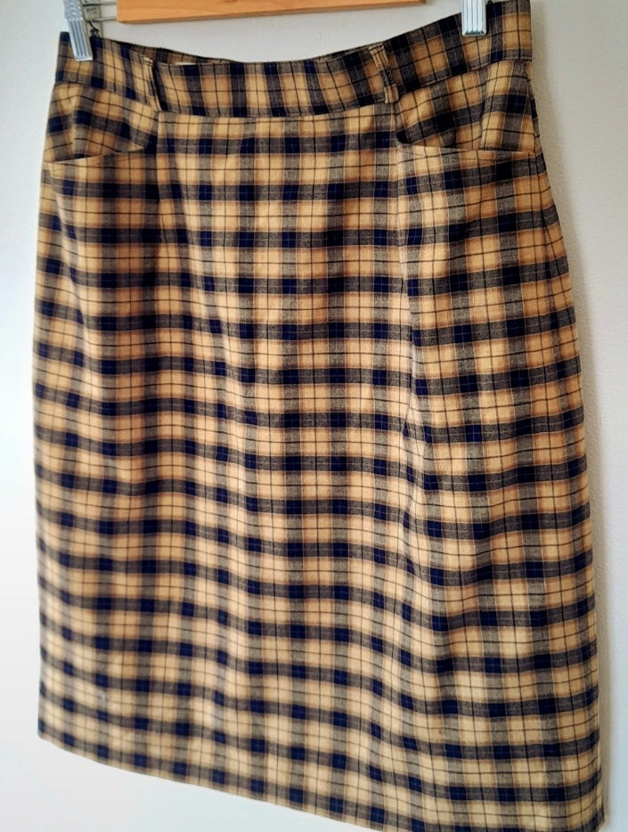 Vintage 90s Bianca Tan Black Check Plaid Wool Blend Skirt