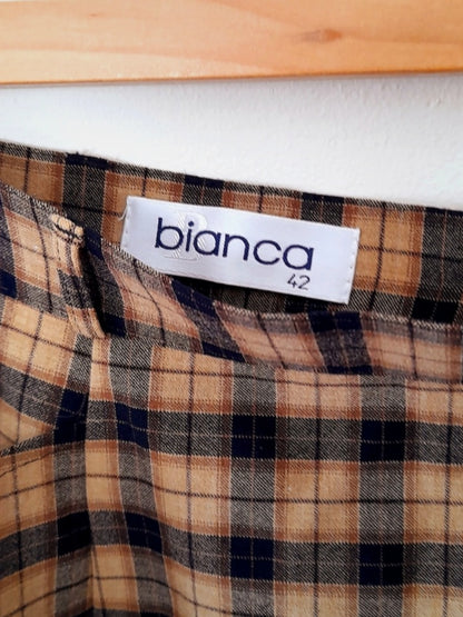 Vintage 90s Bianca Tan Black Check Plaid Wool Blend Skirt