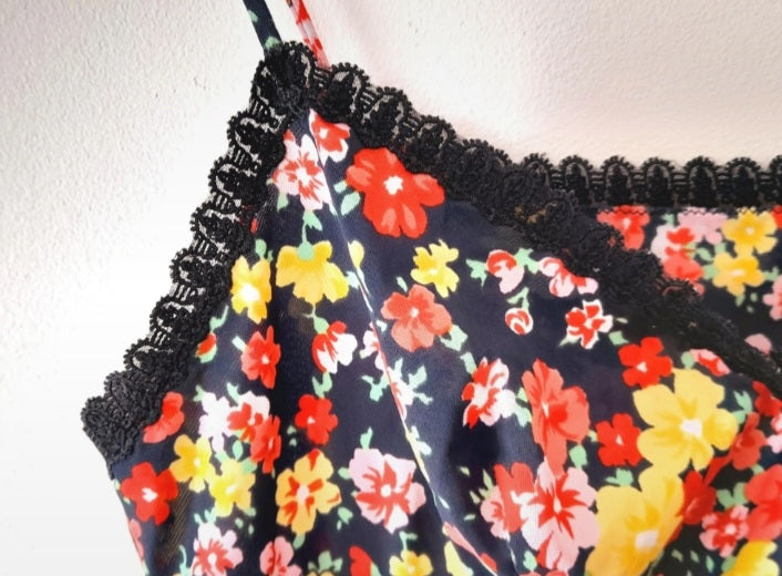 Vintage 90s Colourful Flower Satin Lace Camisole Top