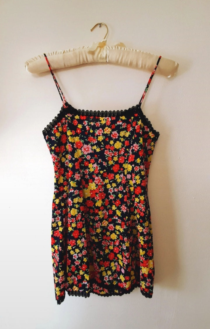 Vintage 90s Colourful Flower Satin Lace Camisole Top