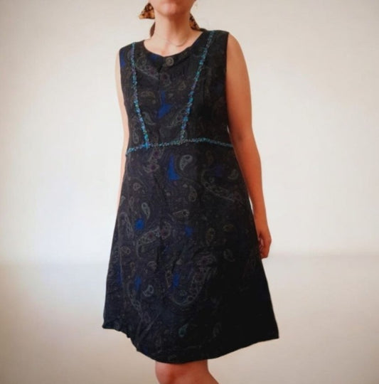 Vintage 70s Black Paisley Button  Shift Dress