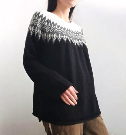 Vintage Y2K Black Cream Grey Raw Edge Fairisle Jumper