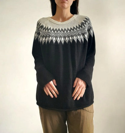 Vintage Y2K Black Cream Grey Raw Edge Fairisle Jumper