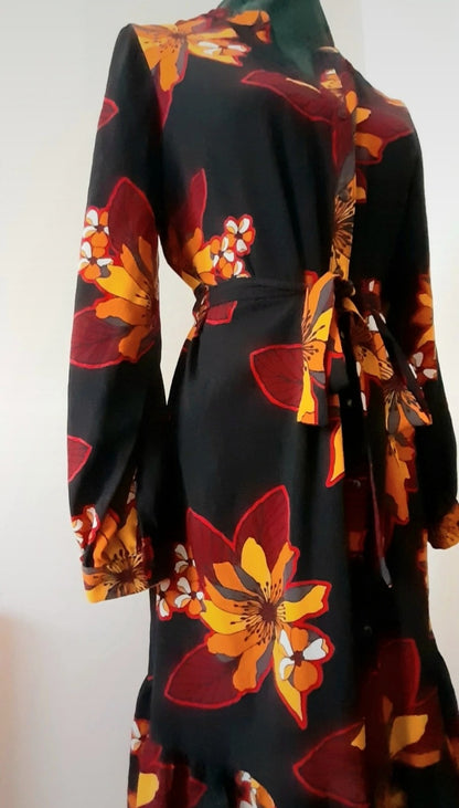 Vintage Y2K PAPAYA Black Orange Tropical Flower Dress
