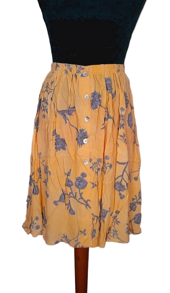 Vintage 90s Pale Yellow Grey Floral Button Midi Skirt