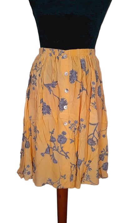 Vintage 90s Pale Yellow Grey Floral Button Midi Skirt