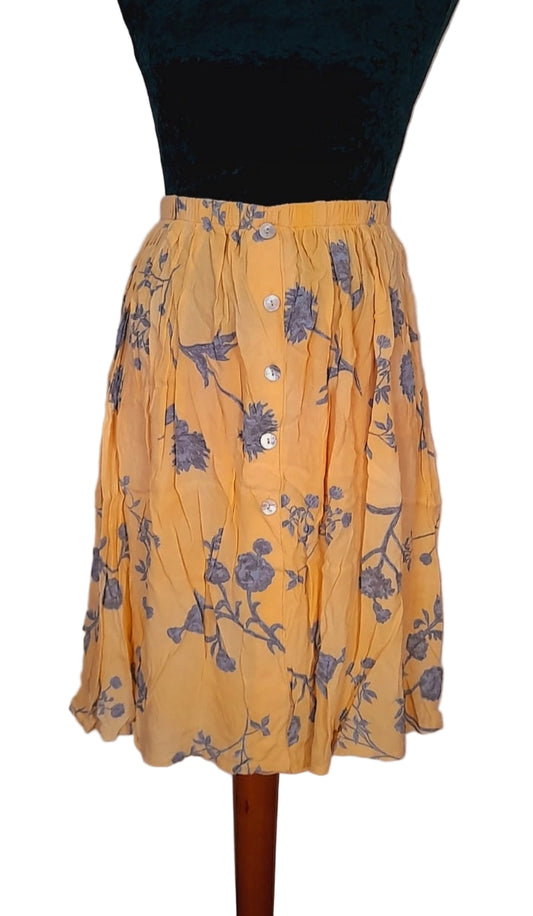 Vintage 90s Pale Yellow Grey Floral Button Midi Skirt