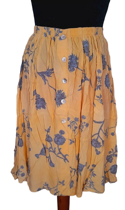 Vintage 90s Pale Yellow Grey Floral Button Midi Skirt