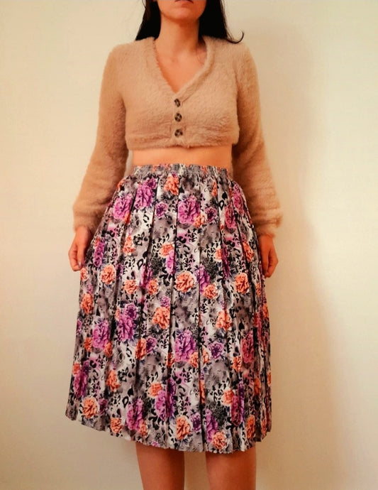 Vintage 80s Pink Orange Grey Rose Print Pleated Midi Skirt