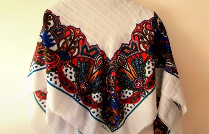 Vintage Gim Renoir White Multicoloured Large Paisley Scarf