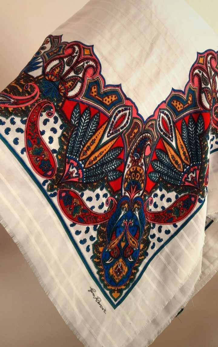 Vintage Gim Renoir White Multicoloured Large Paisley Scarf