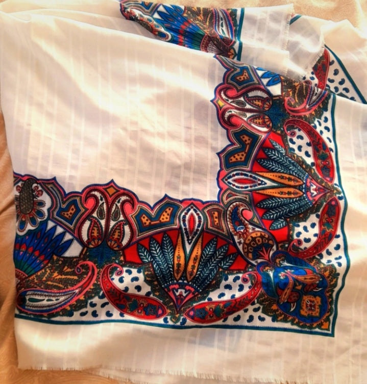 Vintage Gim Renoir White Multicoloured Large Paisley Scarf