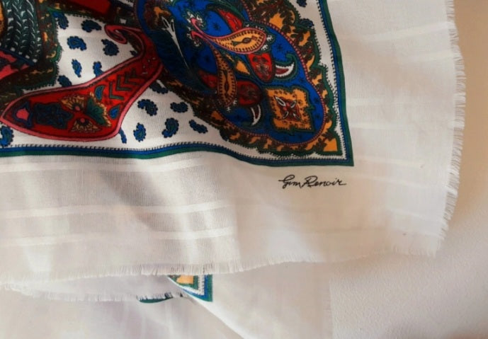 Vintage Gim Renoir White Multicoloured Large Paisley Scarf