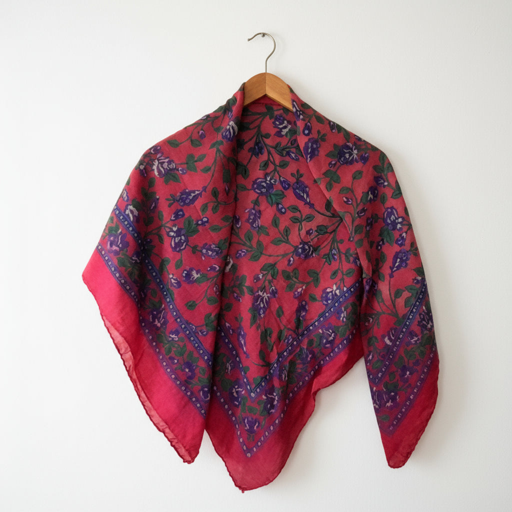 Vintage 70s Pink Purple Floral Indian Block Print Scarf