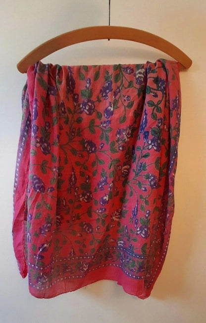 Vintage 70s Pink Purple Floral Indian Block Print Scarf