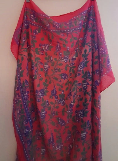 Vintage 70s Pink Purple Floral Indian Block Print Scarf