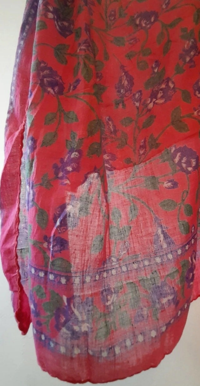 Vintage 70s Pink Purple Floral Indian Block Print Scarf