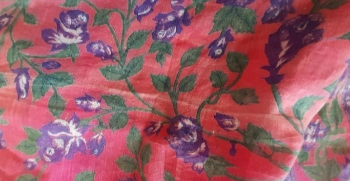 Vintage 70s Pink Purple Floral Indian Block Print Scarf