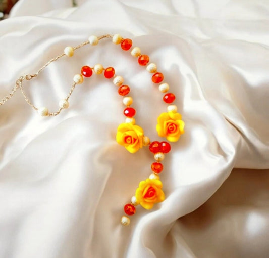 Yellow Flower Orange Glass Polymer Vintage Bead Necklace