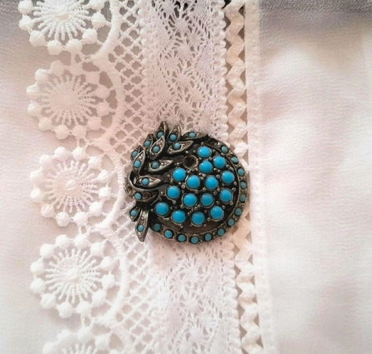 Vintage 1960s Silver Turquoise Bead Leaf Brooch