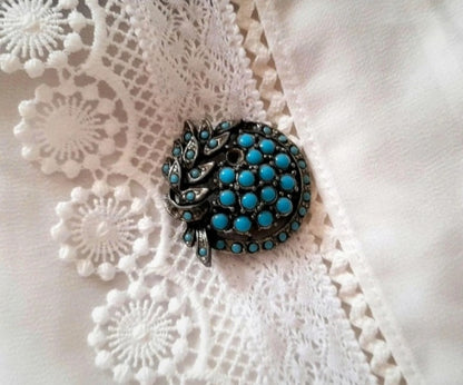 Vintage 1960s Silver Turquoise Bead Leaf Brooch