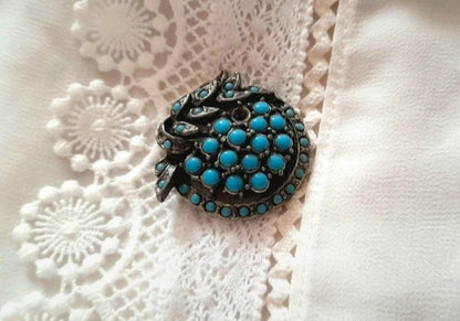 Vintage 1960s Silver Turquoise Bead Leaf Brooch