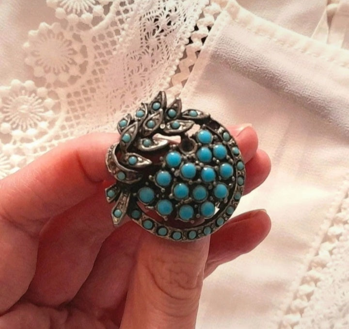 Vintage 1960s Silver Turquoise Bead Leaf Brooch