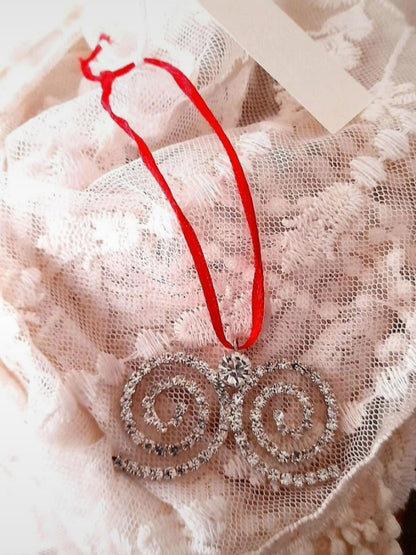 Vintage 70s Sparkling Rhinestone Swirly Ribbon Retro Festive Hanging Ornament