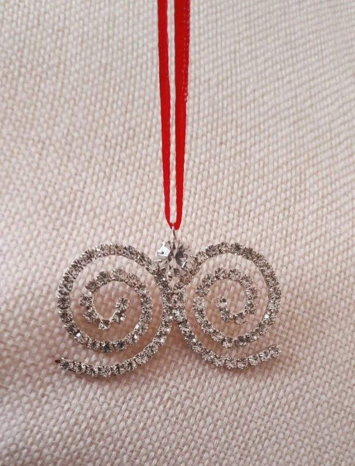 Vintage 70s Sparkling Rhinestone Swirly Ribbon Retro Festive Hanging Ornament