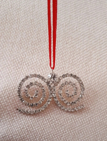 Vintage 70s Sparkling Rhinestone Swirly Ribbon Retro Festive Hanging Ornament