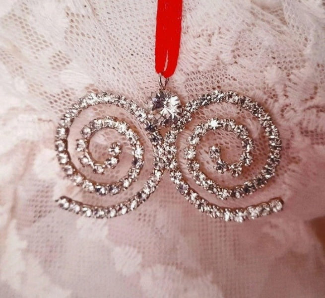 Vintage 70s Sparkling Rhinestone Swirly Ribbon Retro Festive Hanging Ornament