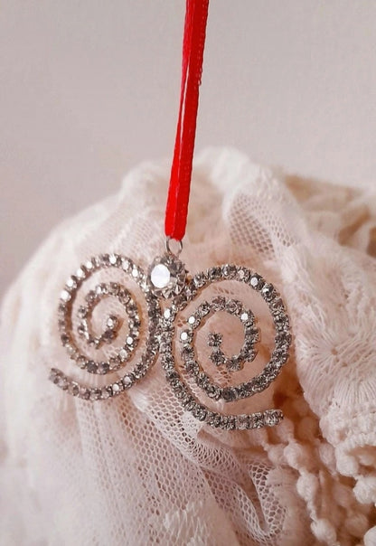 Vintage 70s Sparkling Rhinestone Swirly Ribbon Retro Festive Hanging Ornament