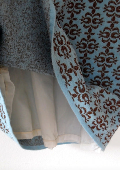 Vintage 1960s Light Blue Brown Floral Knitted Skirt