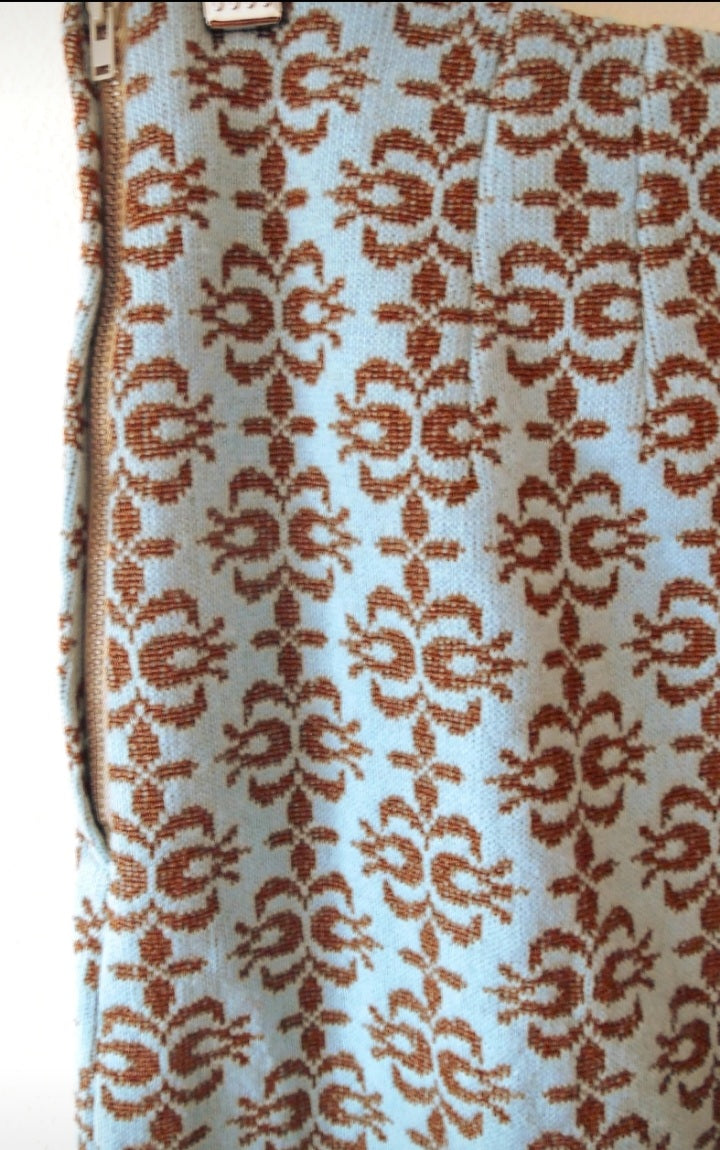 Vintage 1960s Light Blue Brown Floral Knitted Skirt