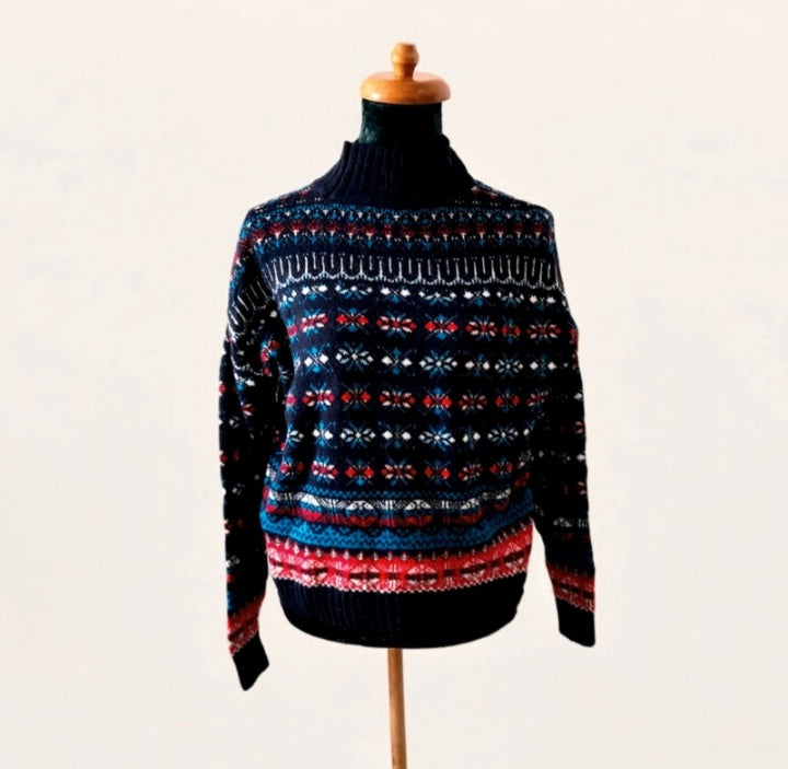 Vintage Y2K LOFT Navy Red Aqua Pink Geometric Icelandic Knit Jumper