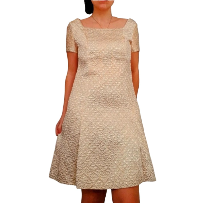Vintage 1960s Evelyn Kleider Cream Gold Satin Quilt Flower Mini Dress