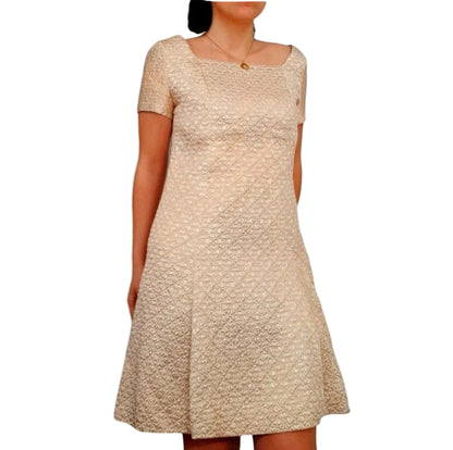 Vintage 1960s Evelyn Kleider Cream Gold Satin Quilt Flower Mini Dress