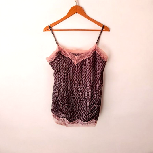 Black Pink Floral Diamond Print Vintage Fancy Satin Lace Camisole Top