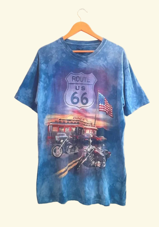 THE MOUNTAIN Vintage Light Blue Bleach Dye Route 66 Diner T-Shirt