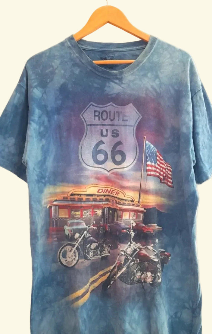 THE MOUNTAIN Vintage Light Blue Bleach Dye Route 66 Diner T-Shirt