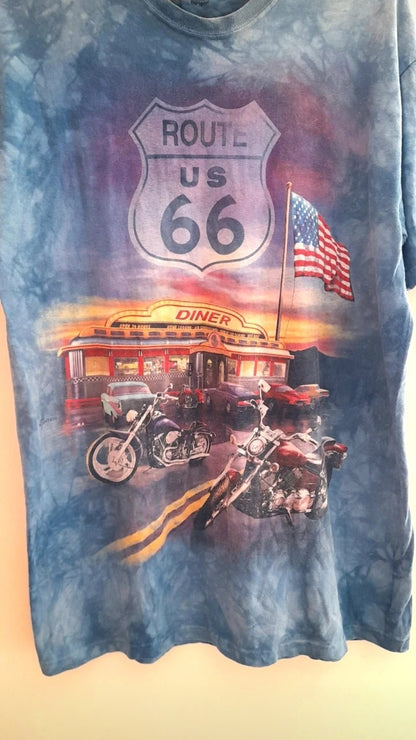 THE MOUNTAIN Vintage Light Blue Bleach Dye Route 66 Diner T-Shirt