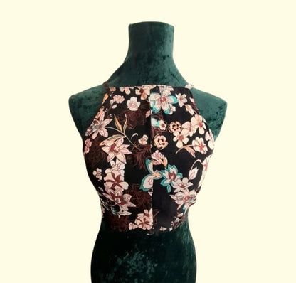 Black Floral Vintage Fabric Handsewn Cotton Tie Sun Top