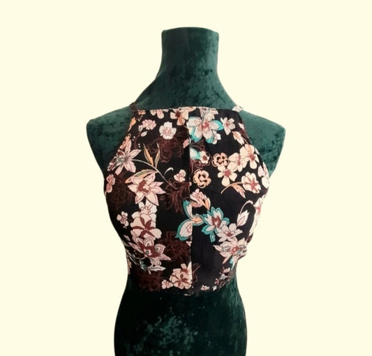 Black Floral Vintage Fabric Handsewn Cotton Tie Sun Top