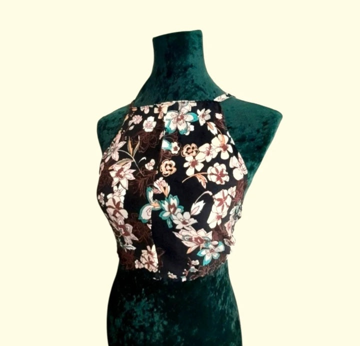 Black Floral Vintage Fabric Handsewn Cotton Tie Sun Top