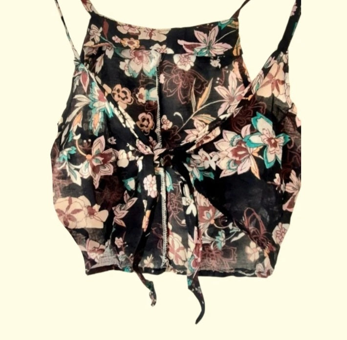 Black Floral Vintage Fabric Handsewn Cotton Tie Sun Top