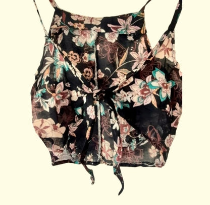 Black Floral Vintage Fabric Handsewn Cotton Tie Sun Top