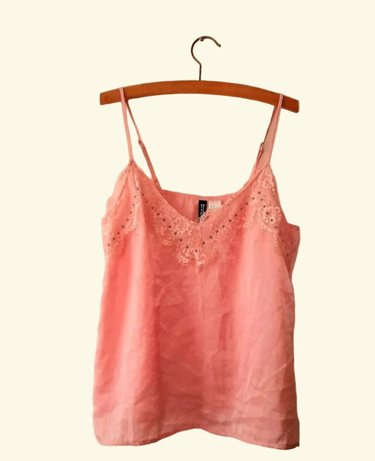 Vintage Y2K Pink Silky Lace Silver Studded Camisole top