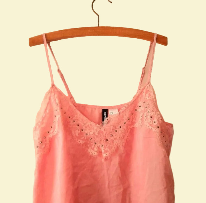 Vintage Y2K Pink Silky Lace Silver Studded Camisole top