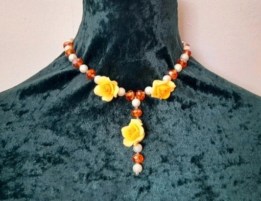 Cut Glass Polymer Flower Upcycled Vintage Bead Necklace