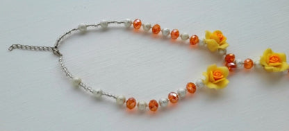 Cut Glass Polymer Flower Upcycled Vintage Bead Necklace
